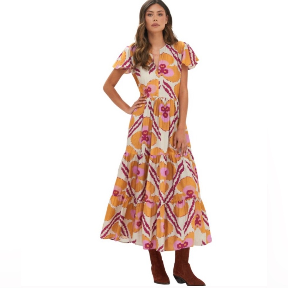 Oliphant Patola Print Maxi Dress Womens S Orange Pink VNeck Short Sleeve Cotton